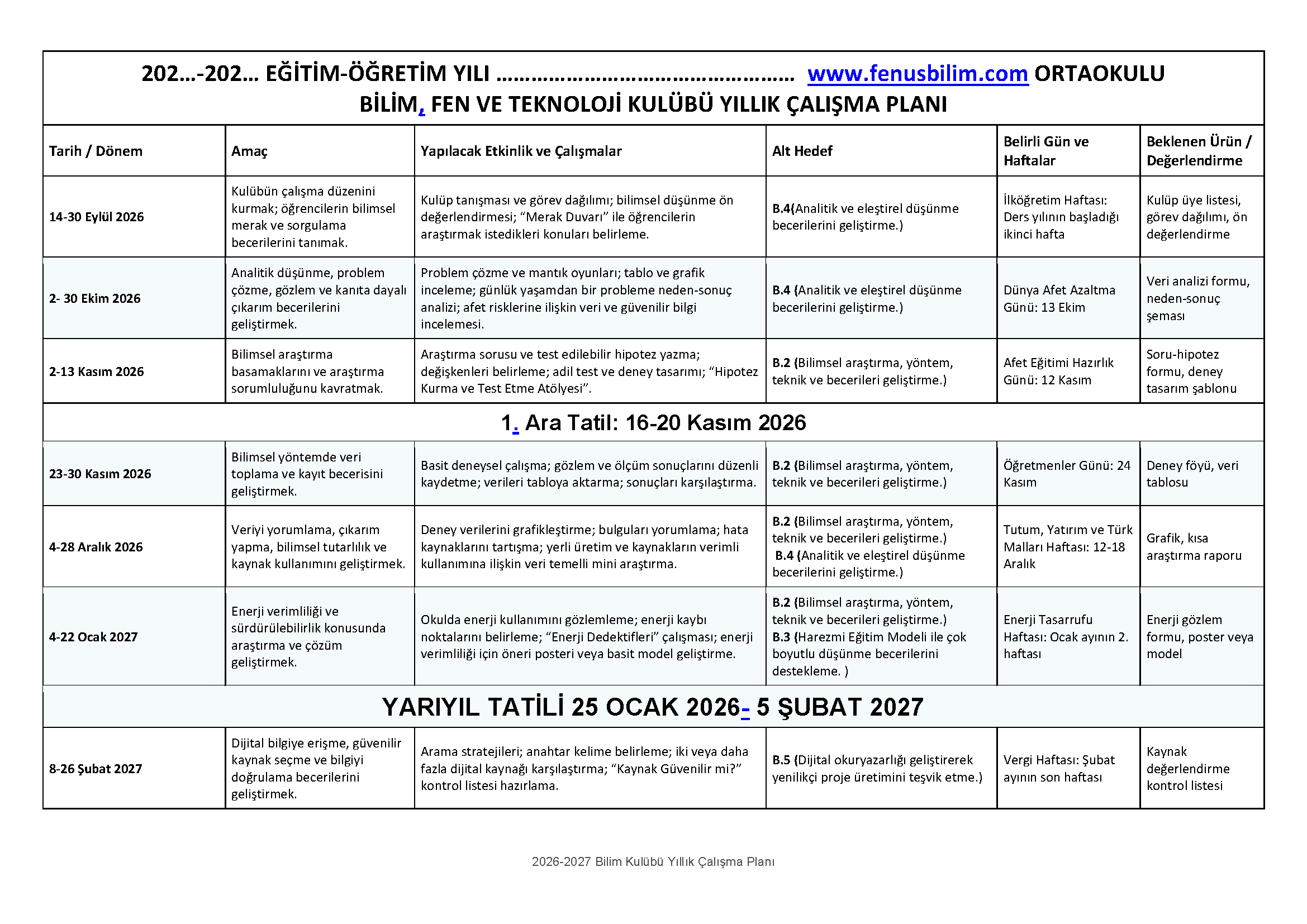 Bilim kulup yıllık plan ilk sayfası